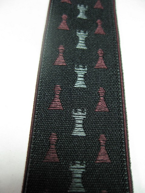 1 1/2" wide. "Y" Style. Assorted SIZES from 5' 1" to  7' 4" Height. (42" to 60" long Straps) Deluxe Suspenders-Cotton/Polyeste¬r Hand Washable-Hang To Dry Material. With Gold Grips And Adjusters    Chess Pieces- Grey Rooks, Burgundy Pawns On Black Background With Burgundy Edges.            Y-CHS76B-#123                                           
